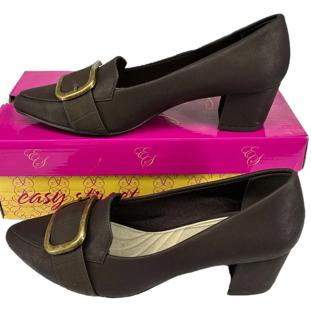 Easy Street Aster Brown Croco Buckle Pumps Comfort Block‎ Heel 8.5M